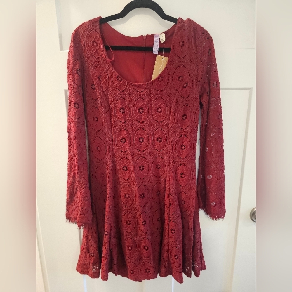 Francesca's Collections Red Crochet Lace Fit-and-Flare Dress